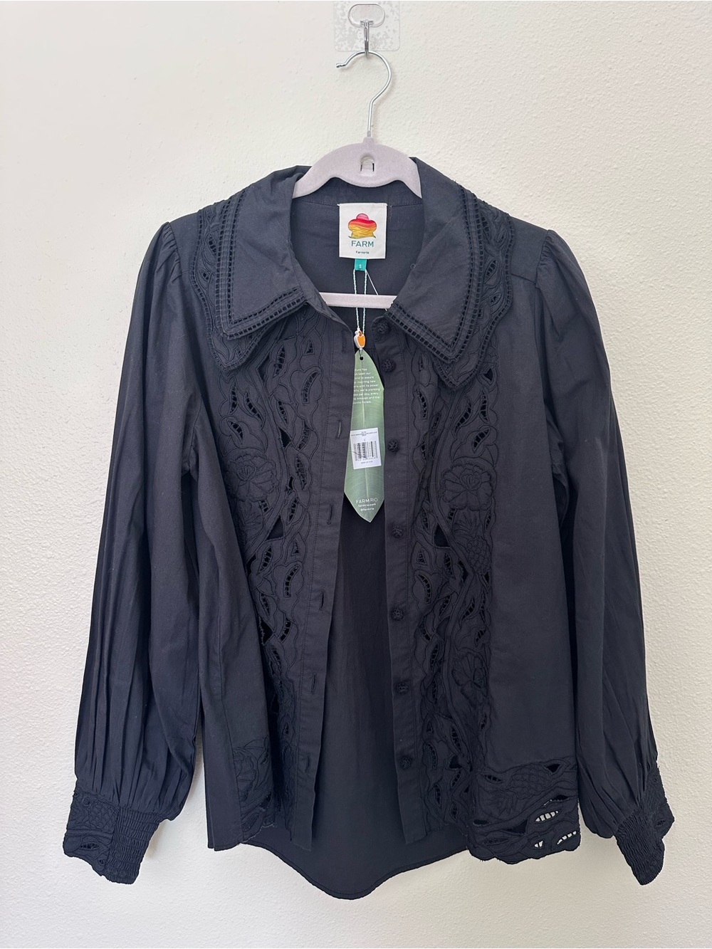 FARM Rio Black Embroidered Cutwork Button-Down Blouse - Picture 5 of 9